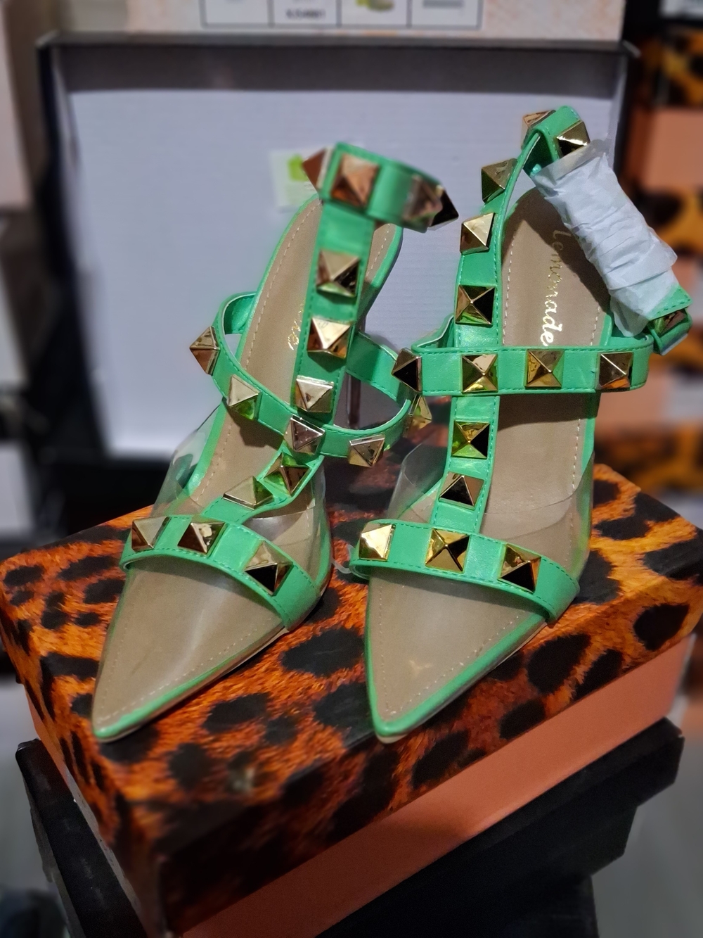 Studded Ankle-Strap Pointed Heels in Bright Green